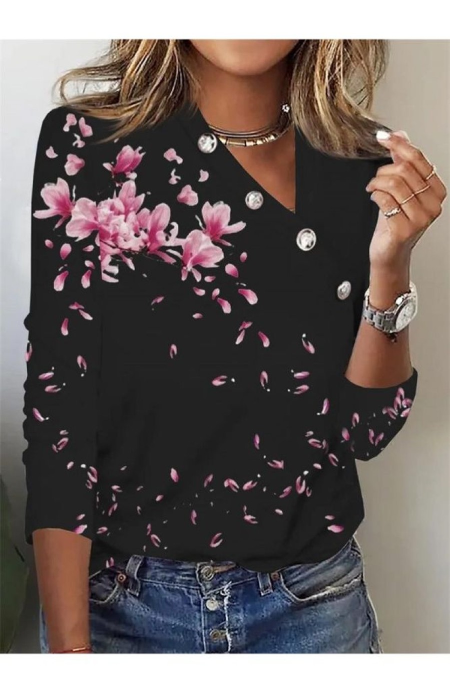 Clothing Azzlee Sweatshirt & Hoodies | Casual Graphic Tops V Neck Floral Printed Long Sleeve Blouse Black