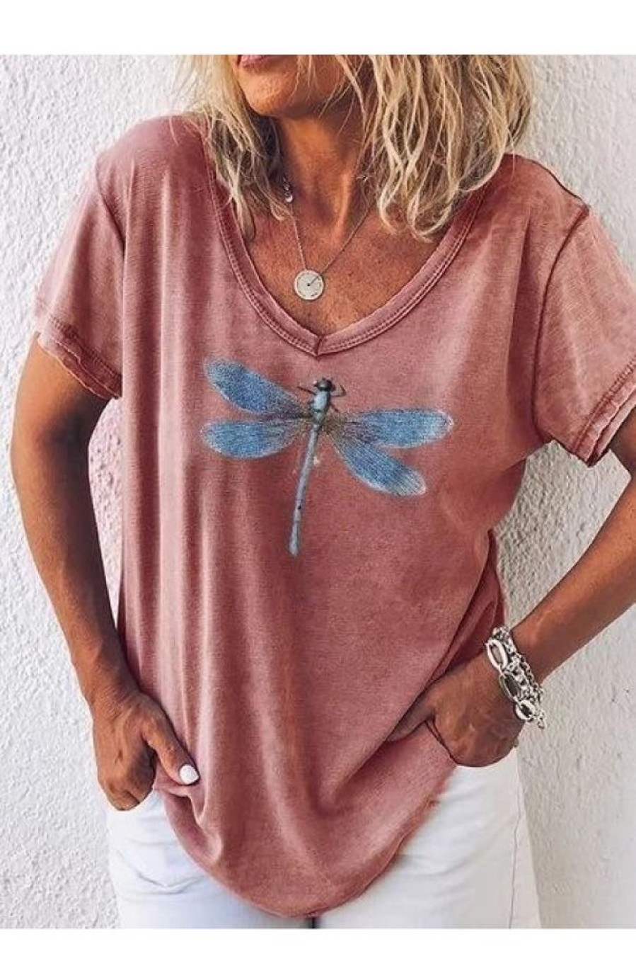 Clothing Azzlee T-Shirts | Casual V-Neck Short Sleeve Dragonfly Animal Printed T-Shirt