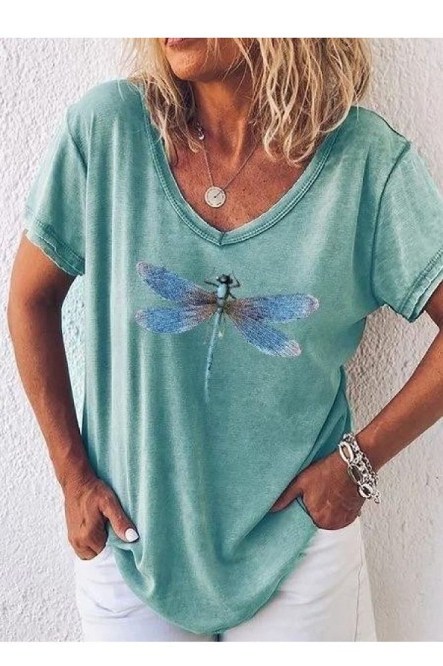 Clothing Azzlee T-Shirts | Casual V-Neck Short Sleeve Dragonfly Animal Printed T-Shirt