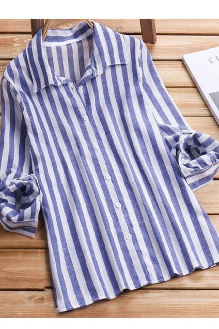 Clothing Azzlee Blouse & Shirts | Stripe Lapel Blouse Blue