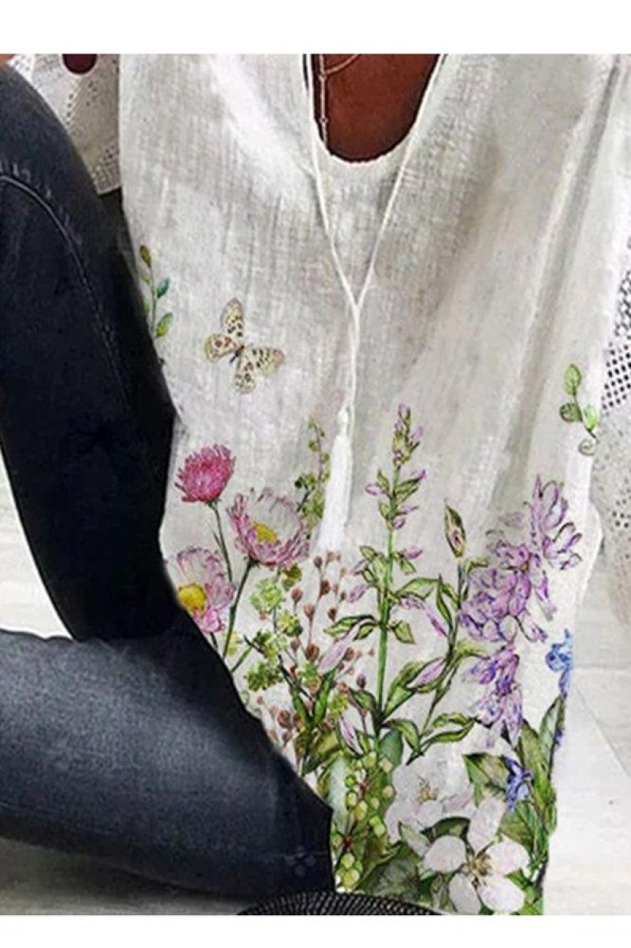 Clothing Azzlee Blouse & Shirts | Casual Summer V-Neck 3/4 Sleeve Floral Printed Blouse White