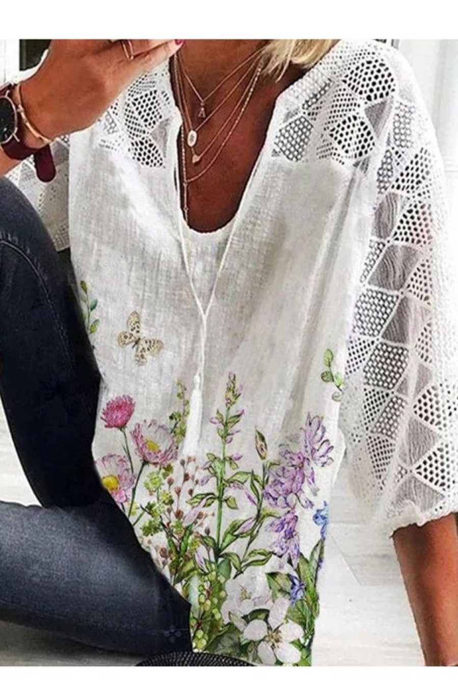 Clothing Azzlee Blouse & Shirts | Casual Summer V-Neck 3/4 Sleeve Floral Printed Blouse White