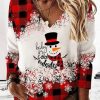 Clothing Azzlee Sweatshirt & Hoodies | Casual Graphic Tops V-Neck Long Sleeve Snowman Printed Xmas Sweatshirts Red