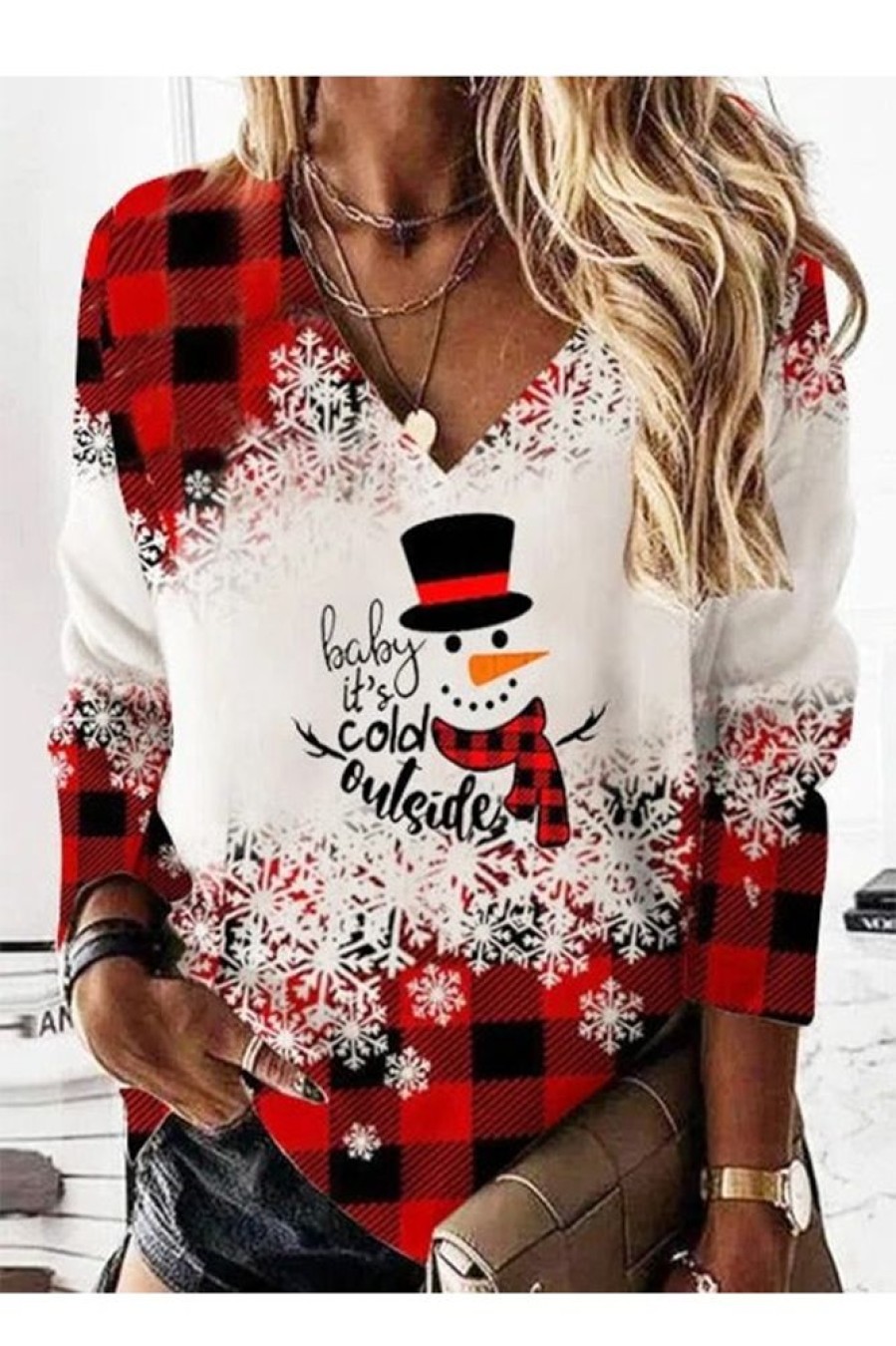 Clothing Azzlee Sweatshirt & Hoodies | Casual Graphic Tops V-Neck Long Sleeve Snowman Printed Xmas Sweatshirts Red