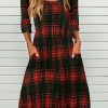 Clothing Azzlee Midi Dresses | Casual Crew Neck Long Sleeve Plaid Loose Fit Midi Dress Wine