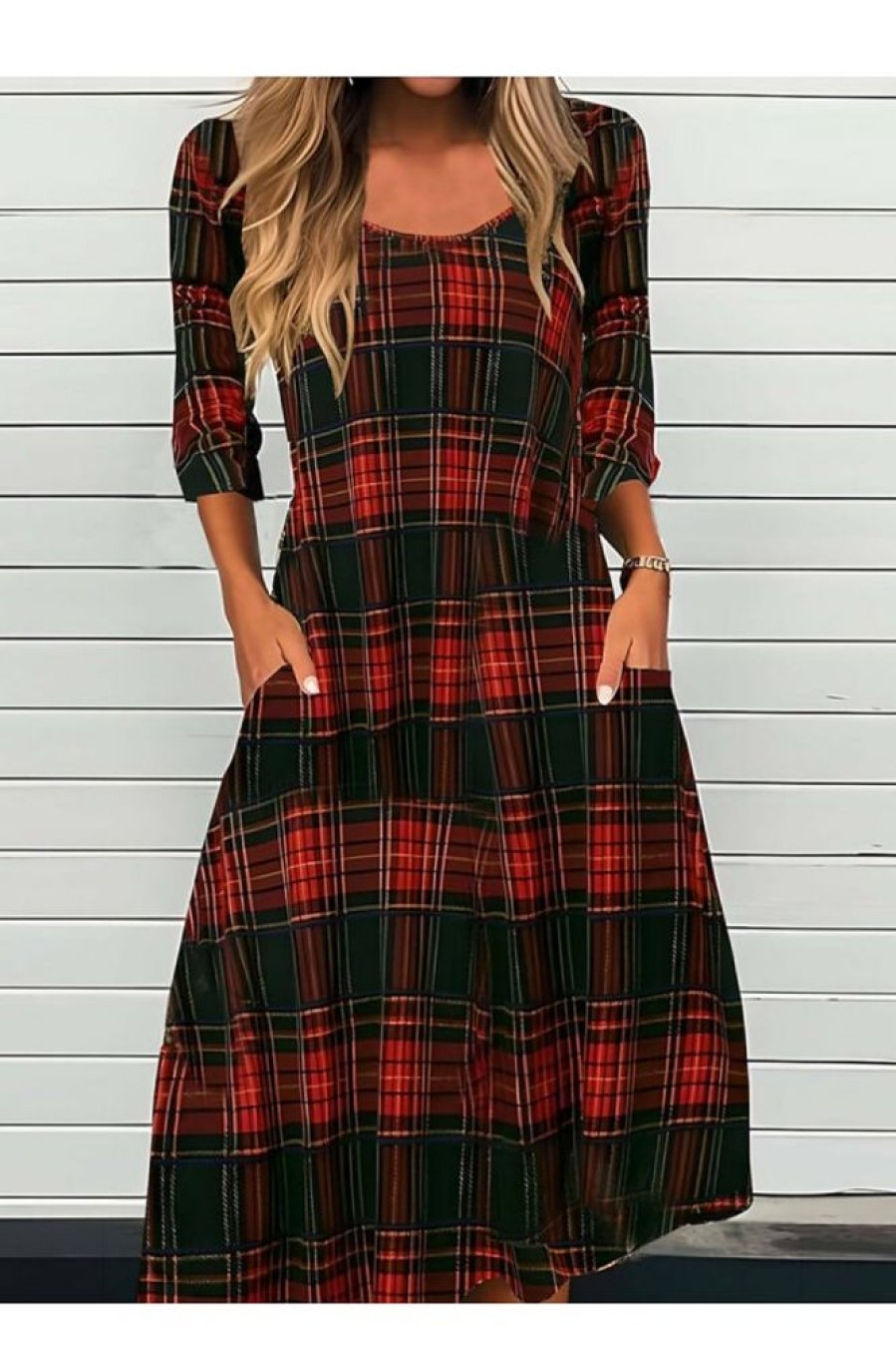 Clothing Azzlee Midi Dresses | Casual Crew Neck Long Sleeve Plaid Loose Fit Midi Dress Wine