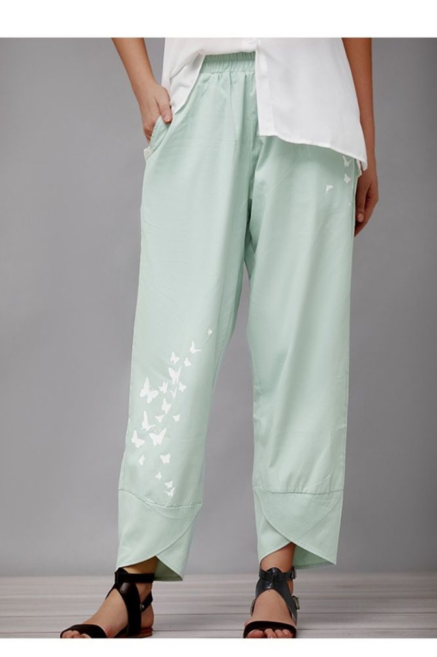 Clothing Azzlee Pants | Butterfly Print With Pockets Casual Pants Green