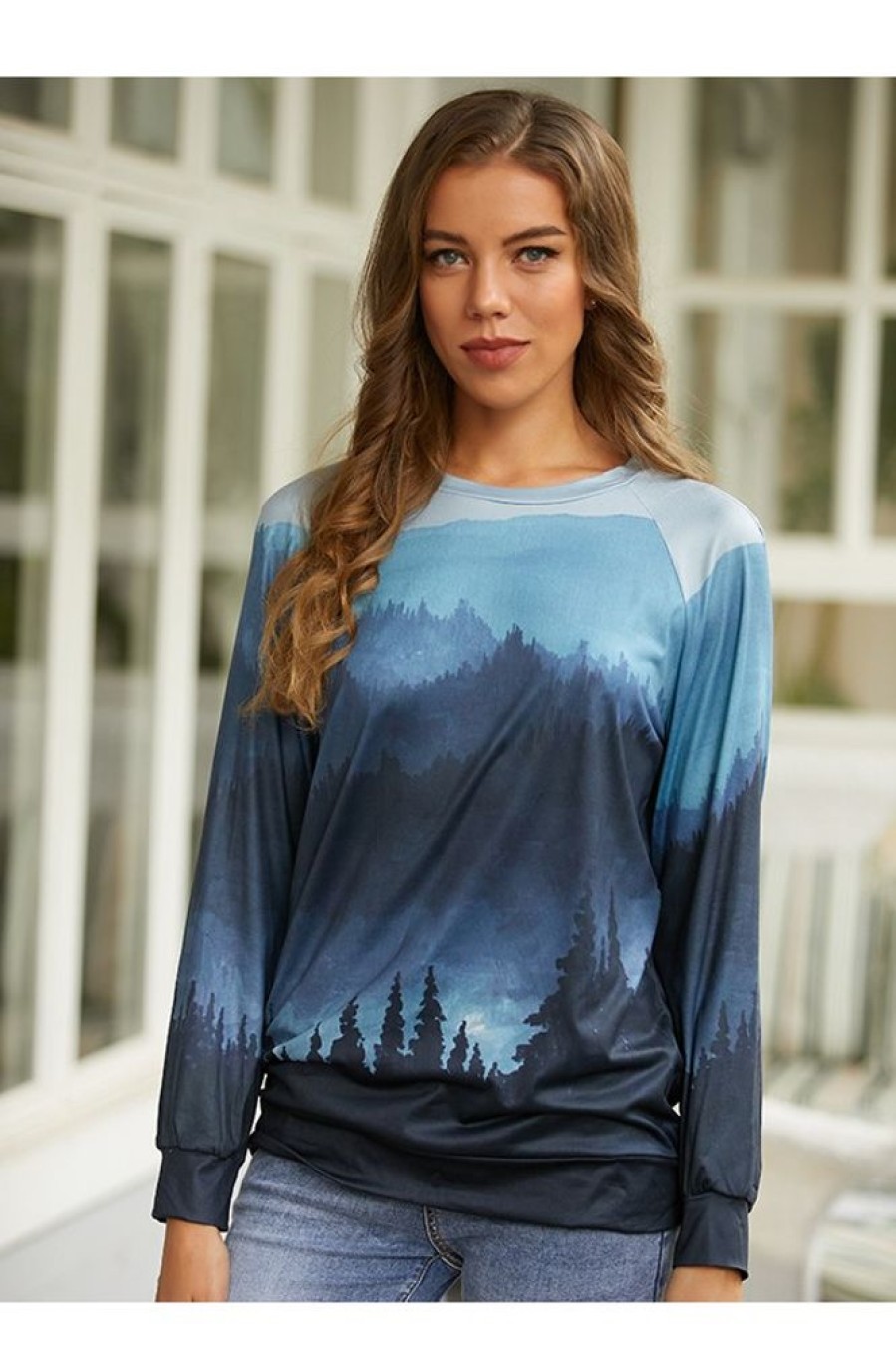 Clothing Azzlee Sweatshirt & Hoodies | Landscape Print Casual Round Neck Long Sleeve T-Shirt Gray