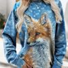 Clothing Azzlee Sweatshirt & Hoodies | Casual Snowflake Fox Print Loose Sweatshirt Blue