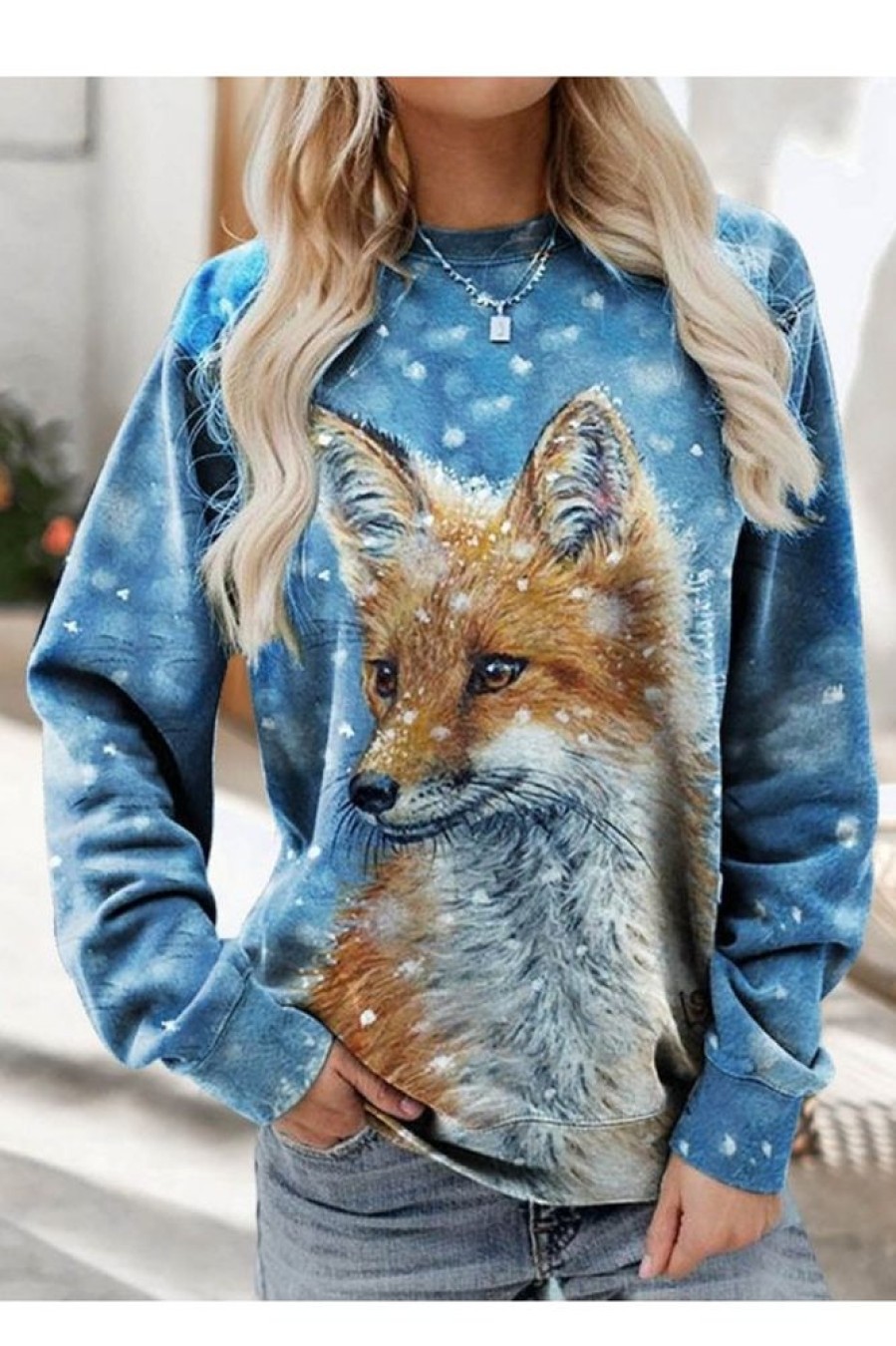 Clothing Azzlee Sweatshirt & Hoodies | Casual Snowflake Fox Print Loose Sweatshirt Blue