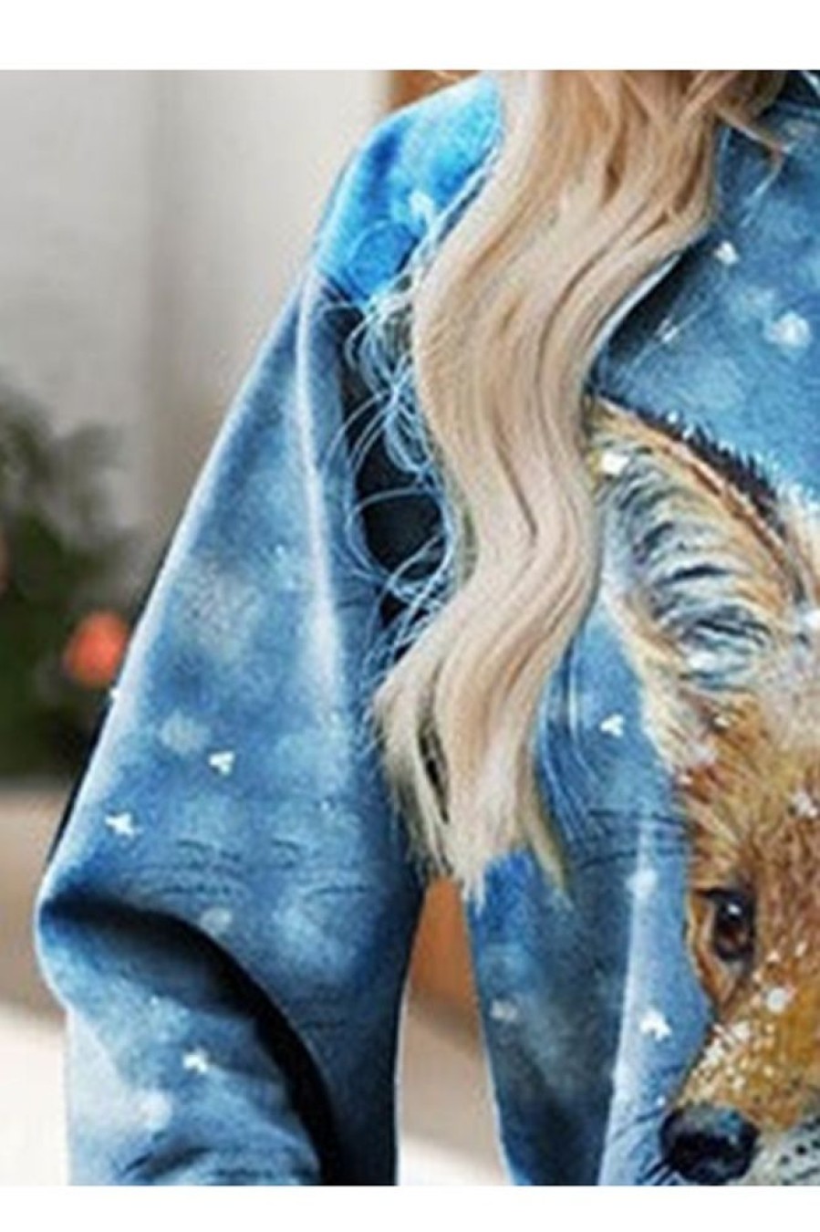 Clothing Azzlee Sweatshirt & Hoodies | Casual Snowflake Fox Print Loose Sweatshirt Blue