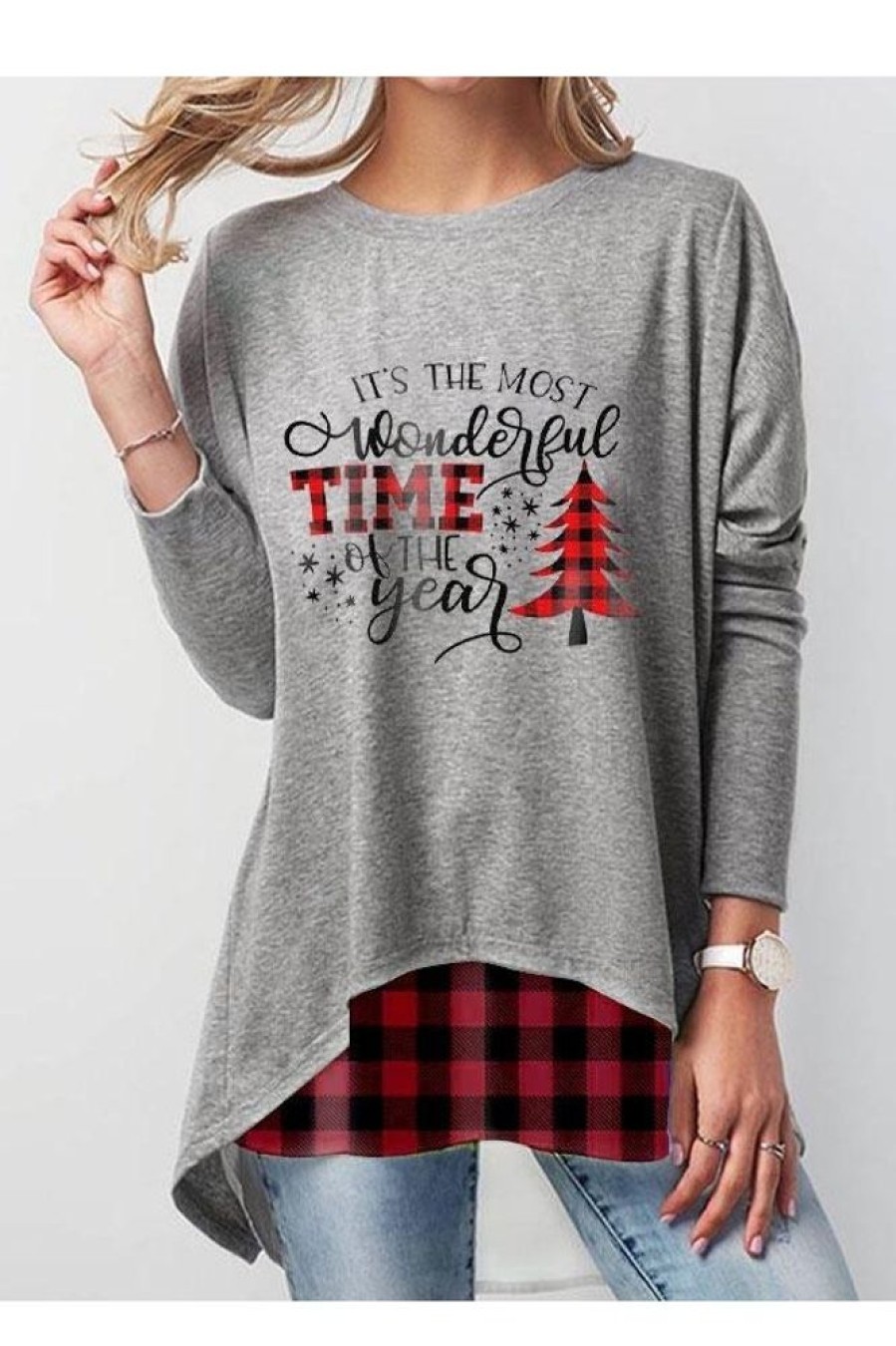 Clothing Azzlee Sweatshirt & Hoodies | Casual Graphic Tops Round Neck Long Sleeve Christmas Alphabet Printed Sweatshirt Gray