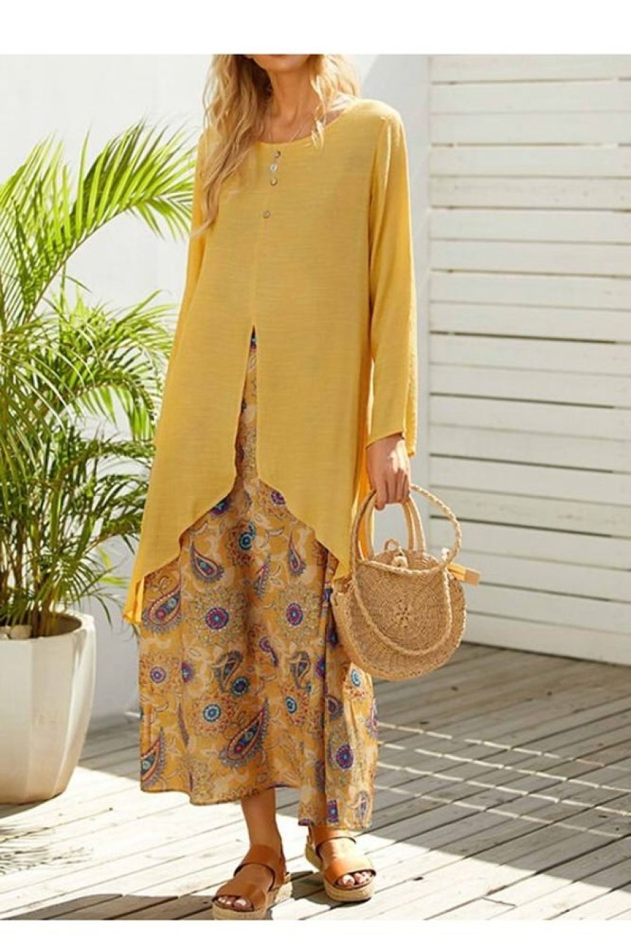 Clothing Azzlee Maxi Dresses | Boho Long Sleeve O-Neck Floral Printed Vintage Maxi Dress