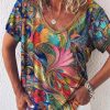 Clothing Azzlee Blouse & Shirts | Casual Graphic Tops V-Neck Short Sleeve Peacock Printed Blouse Multi