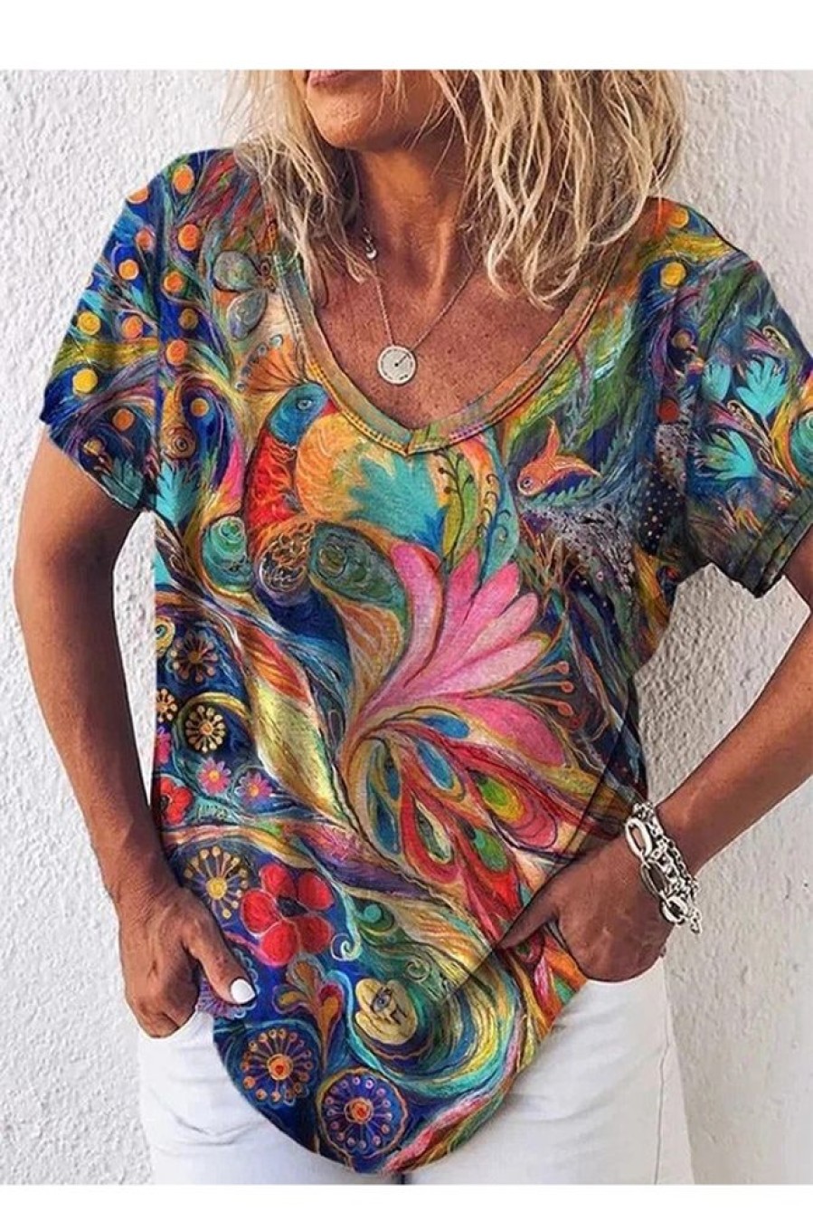 Clothing Azzlee Blouse & Shirts | Casual Graphic Tops V-Neck Short Sleeve Peacock Printed Blouse Multi