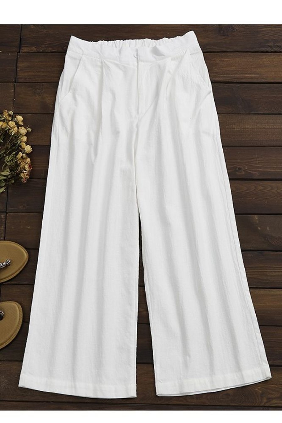 Clothing Azzlee Pants | Solid Zipper With Pockets Casual Wide Leg Pants White