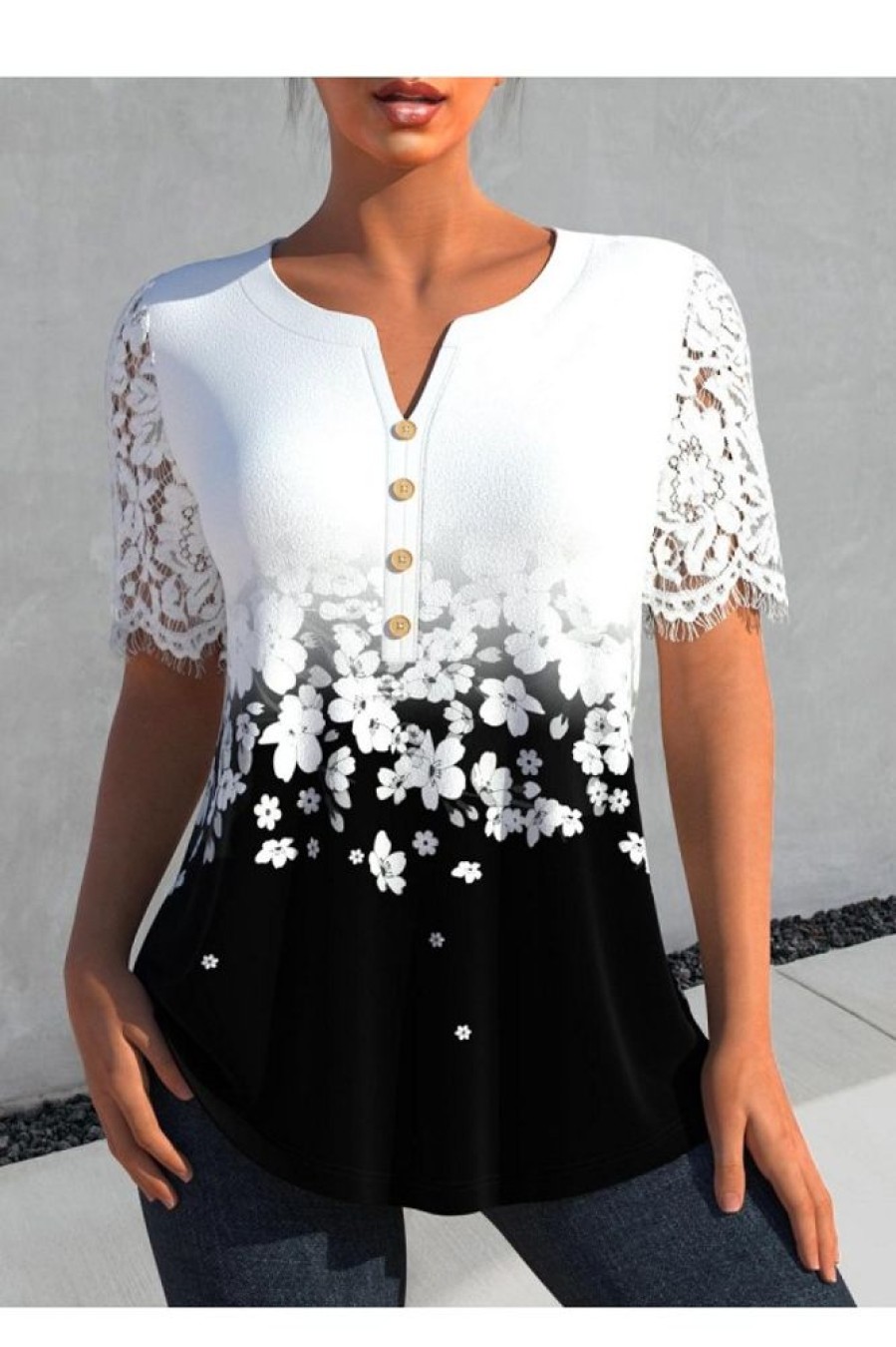 Clothing Azzlee Blouse & Shirts | Casual V Neck Lace Short Sleeve Blouse White