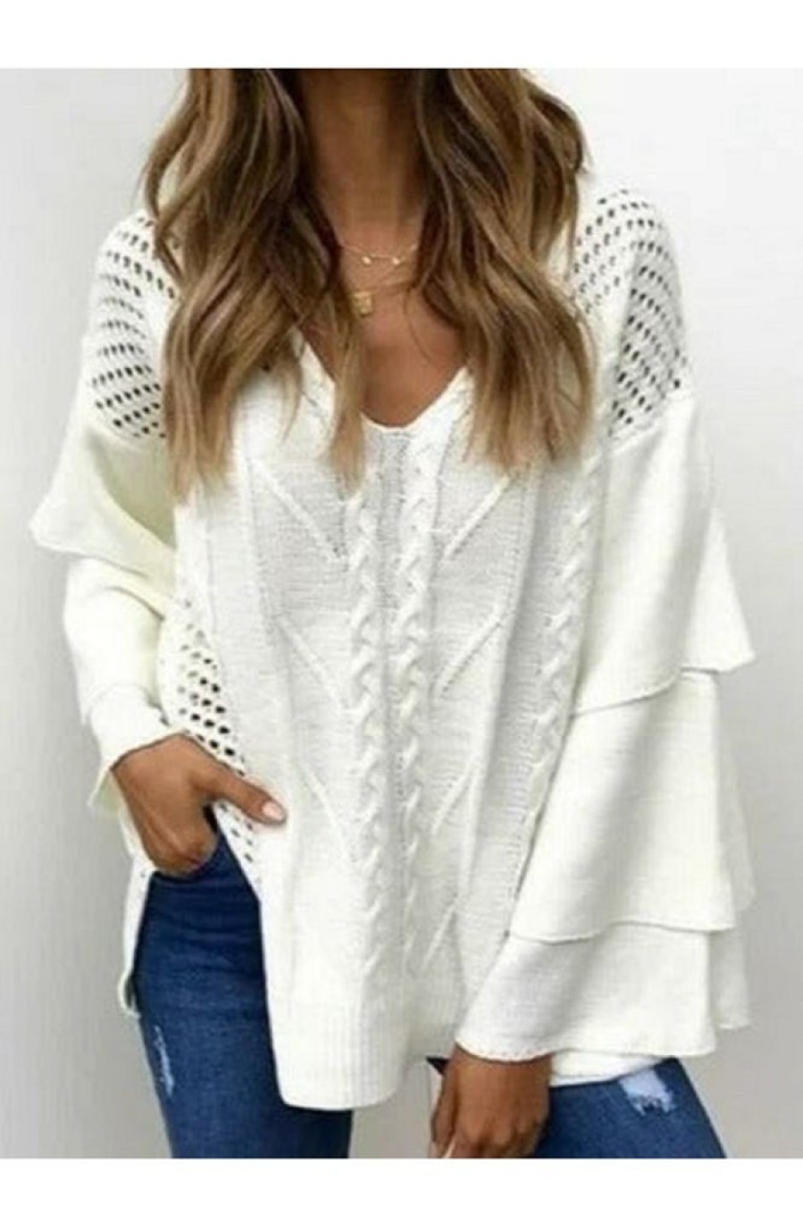 Clothing Azzlee Sweatshirt & Hoodies | Casual V Neck Solid Long Sleeve Sweater White