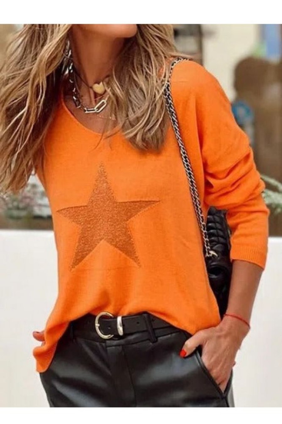 Clothing Azzlee Sweater & Cardigans | Casual Graphic Tops V Neck Star Printed Long Sleeve Sweaters Orange