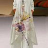 Clothing Azzlee Maxi Dresses | Casual Loose Round Neck Long Sleeve Dandelion Printed Maxi Dress White