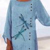 Clothing Azzlee Sweatshirt & Hoodies | Casual Graphic Tops Round Neck Dragonfly Printed Long Sleeve Blouse Blue