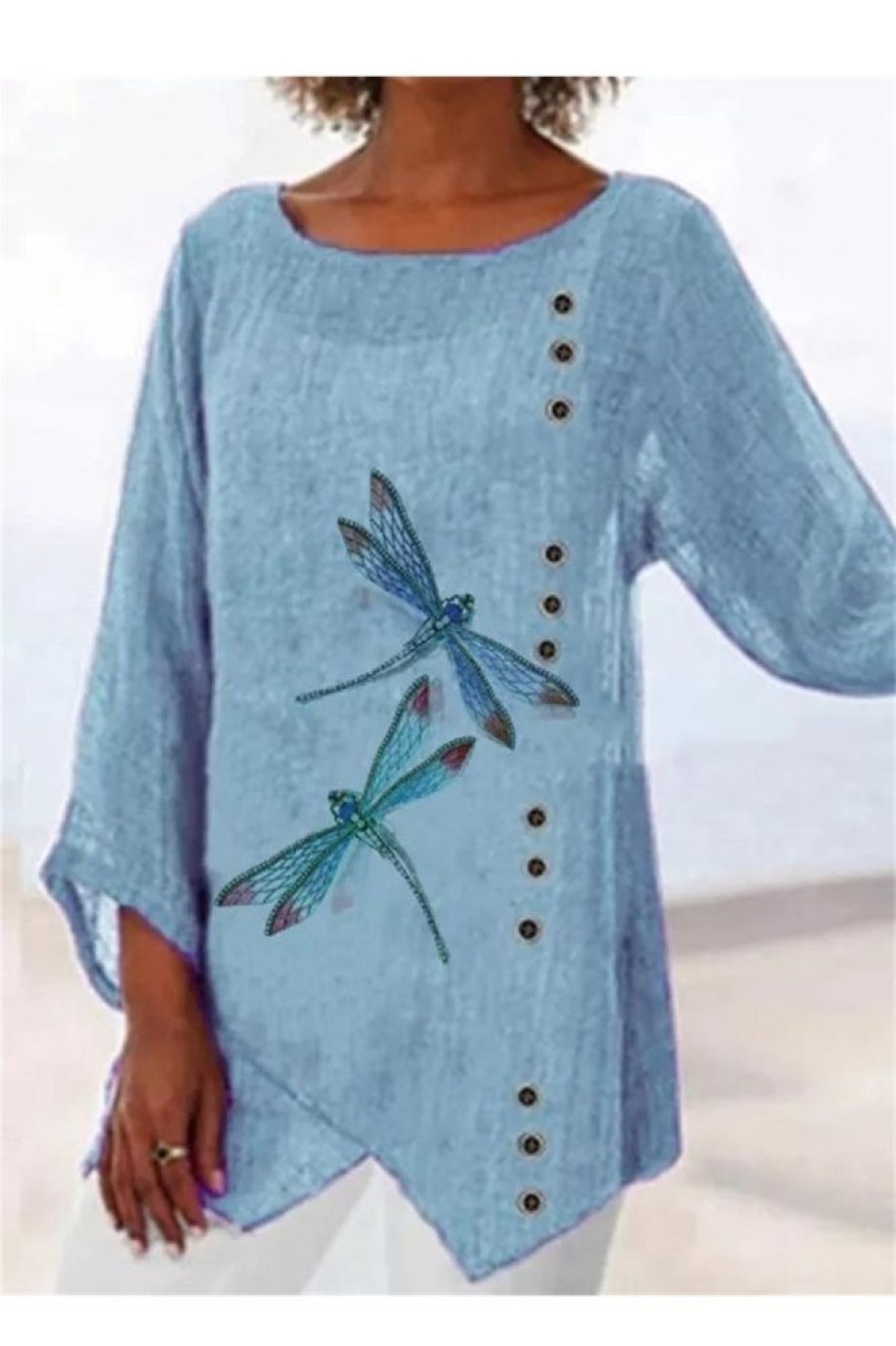 Clothing Azzlee Sweatshirt & Hoodies | Casual Graphic Tops Round Neck Dragonfly Printed Long Sleeve Blouse Blue