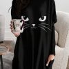 Clothing Azzlee Sweatshirt & Hoodies | Casual Graphic Tops Round Neck Long Sleeve Cat Printed Sweatshirts Black