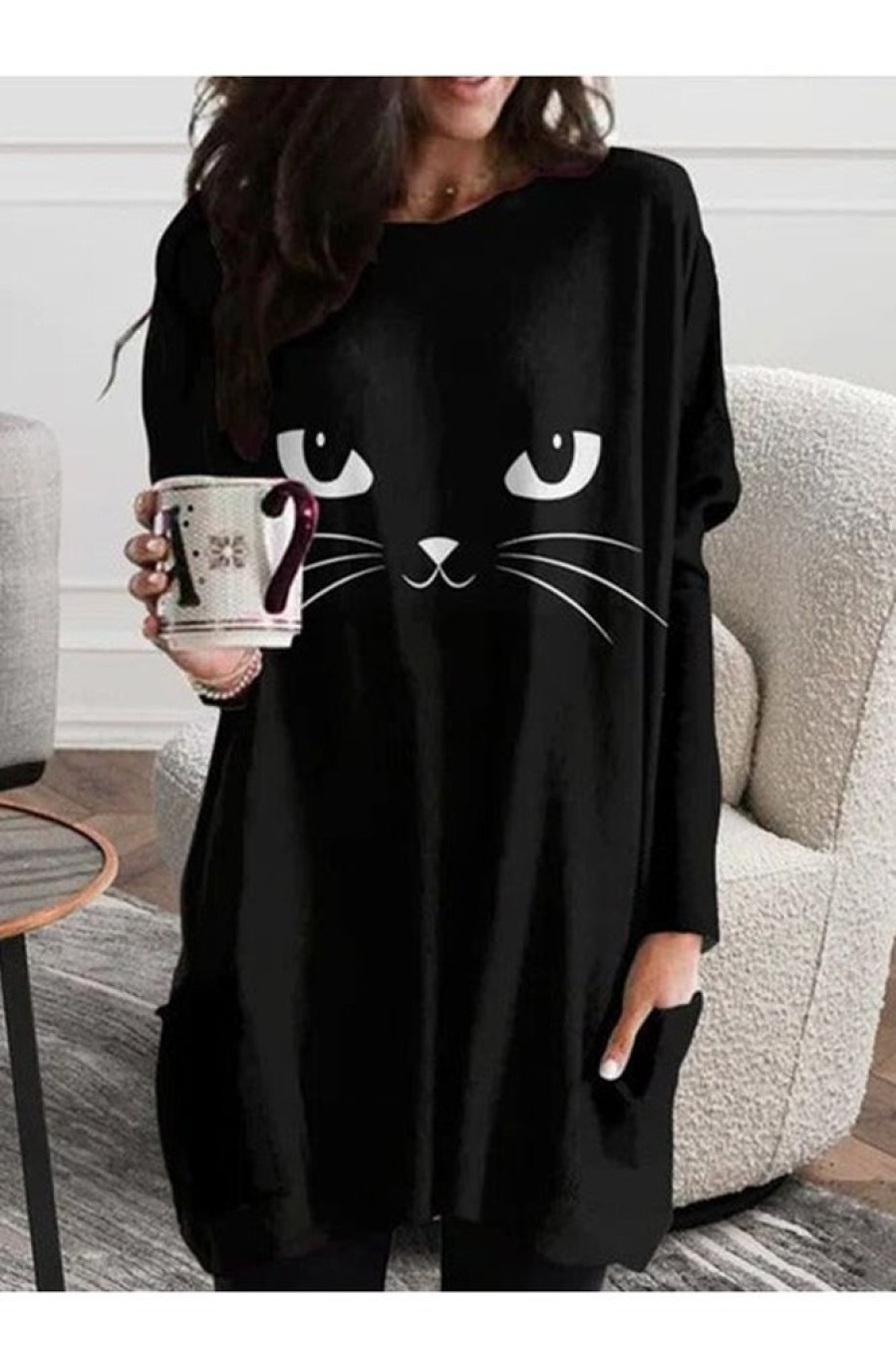 Clothing Azzlee Sweatshirt & Hoodies | Casual Graphic Tops Round Neck Long Sleeve Cat Printed Sweatshirts Black