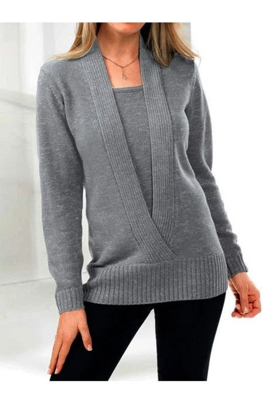 Clothing Azzlee Sweater & Cardigans | Casual Graphic Tops Long Sleeve Solid Sweaters Gray