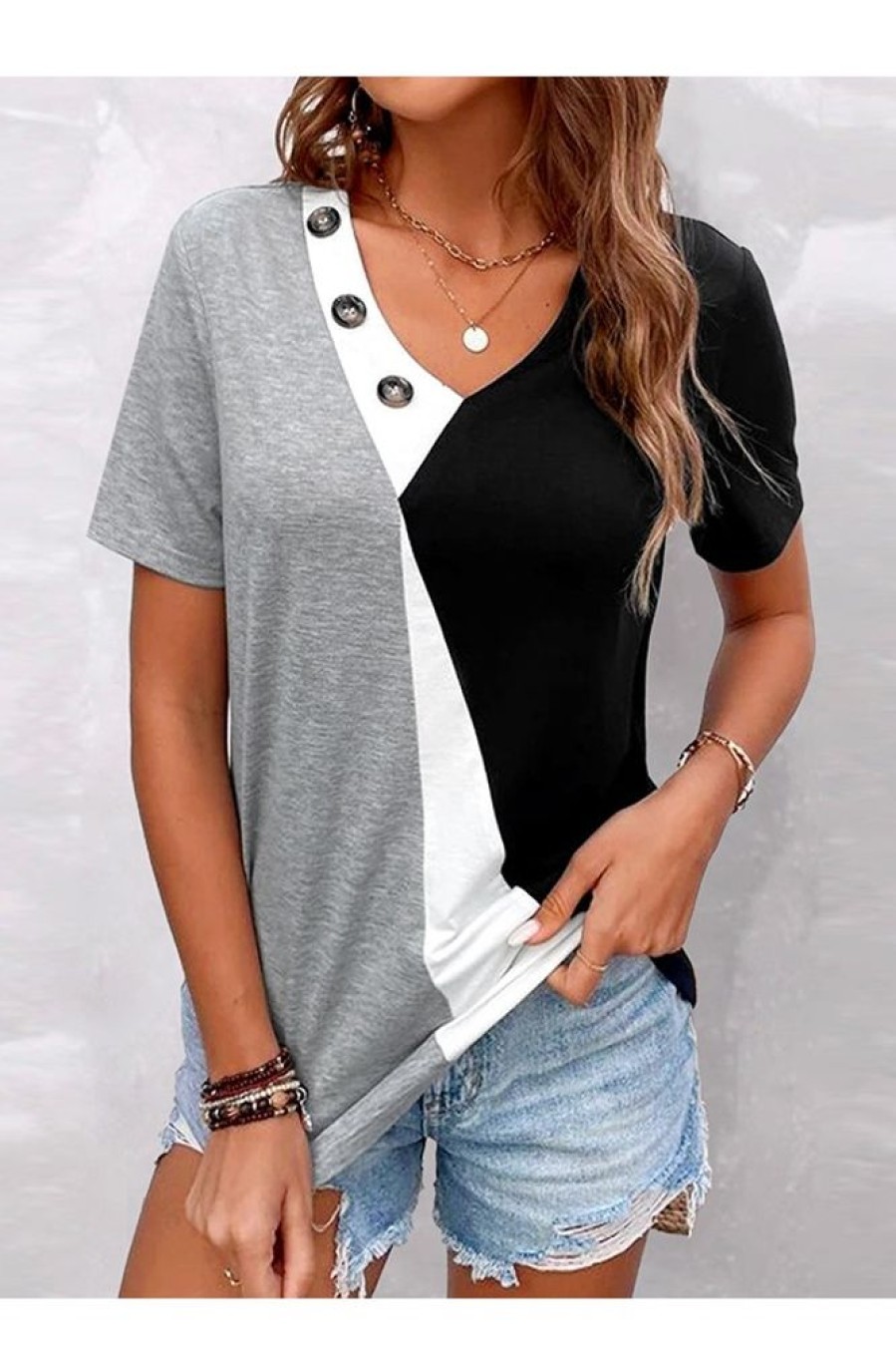 Clothing Azzlee Blouse & Shirts | Casual V Neck Color Block Short Sleeve Blouse Grey