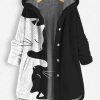 Clothing Azzlee Coats | Casual Black Cat Art Print Coral Fleece Button Coat Multi