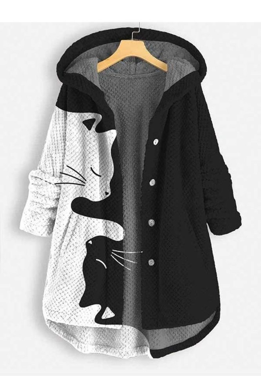 Clothing Azzlee Coats | Casual Black Cat Art Print Coral Fleece Button Coat Multi