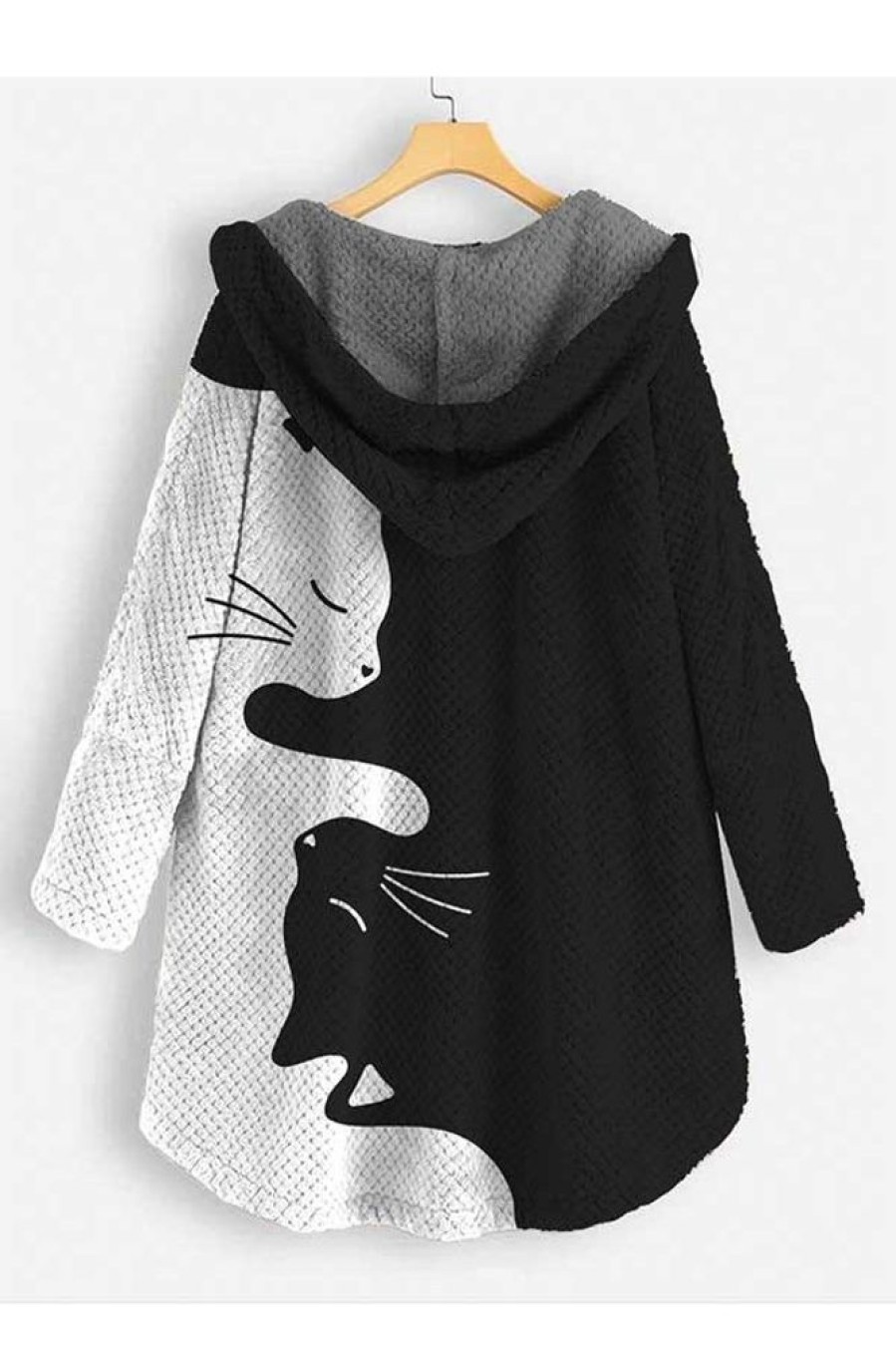 Clothing Azzlee Coats | Casual Black Cat Art Print Coral Fleece Button Coat Multi