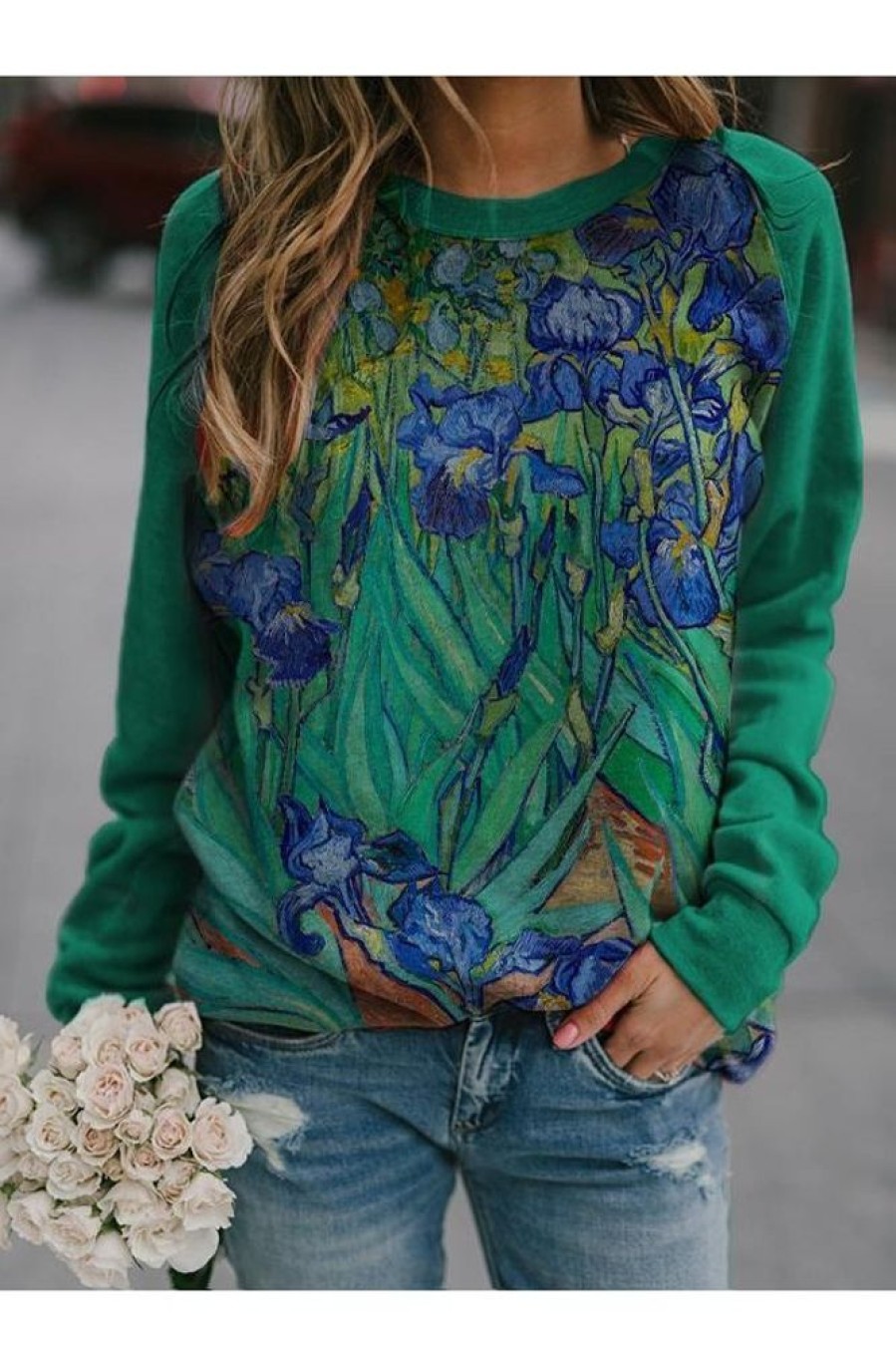 Clothing Azzlee Sweatshirt & Hoodies | Casual Graphic Tops Round Neck Long Sleeve Floral Printed Sweatshirts Green