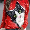 Clothing Azzlee Sweatshirt & Hoodies | Casual Graphic Tops Round Neck Cat Printed Long Sleeve Sweatshirts Red