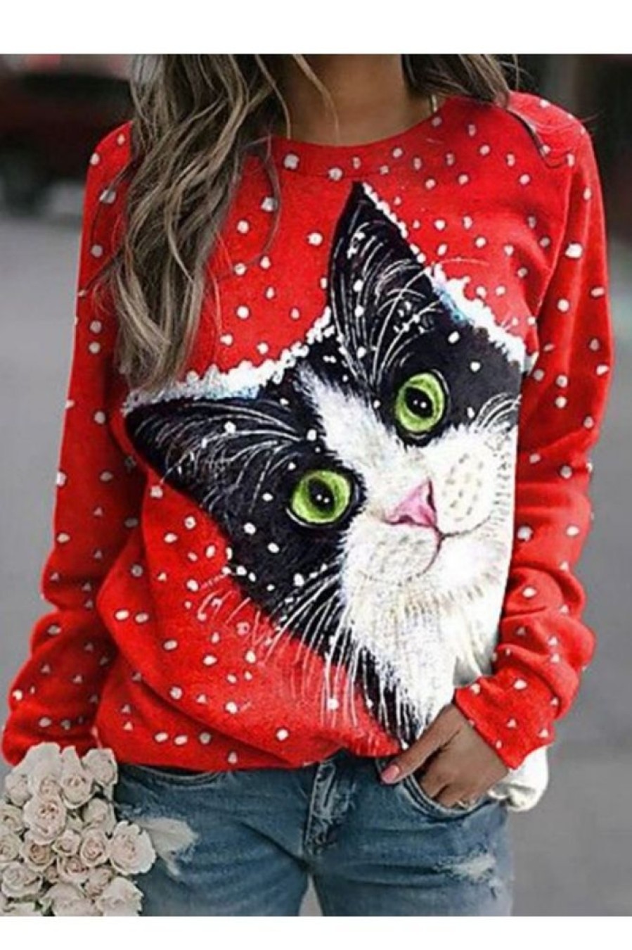 Clothing Azzlee Sweatshirt & Hoodies | Casual Graphic Tops Round Neck Cat Printed Long Sleeve Sweatshirts Red