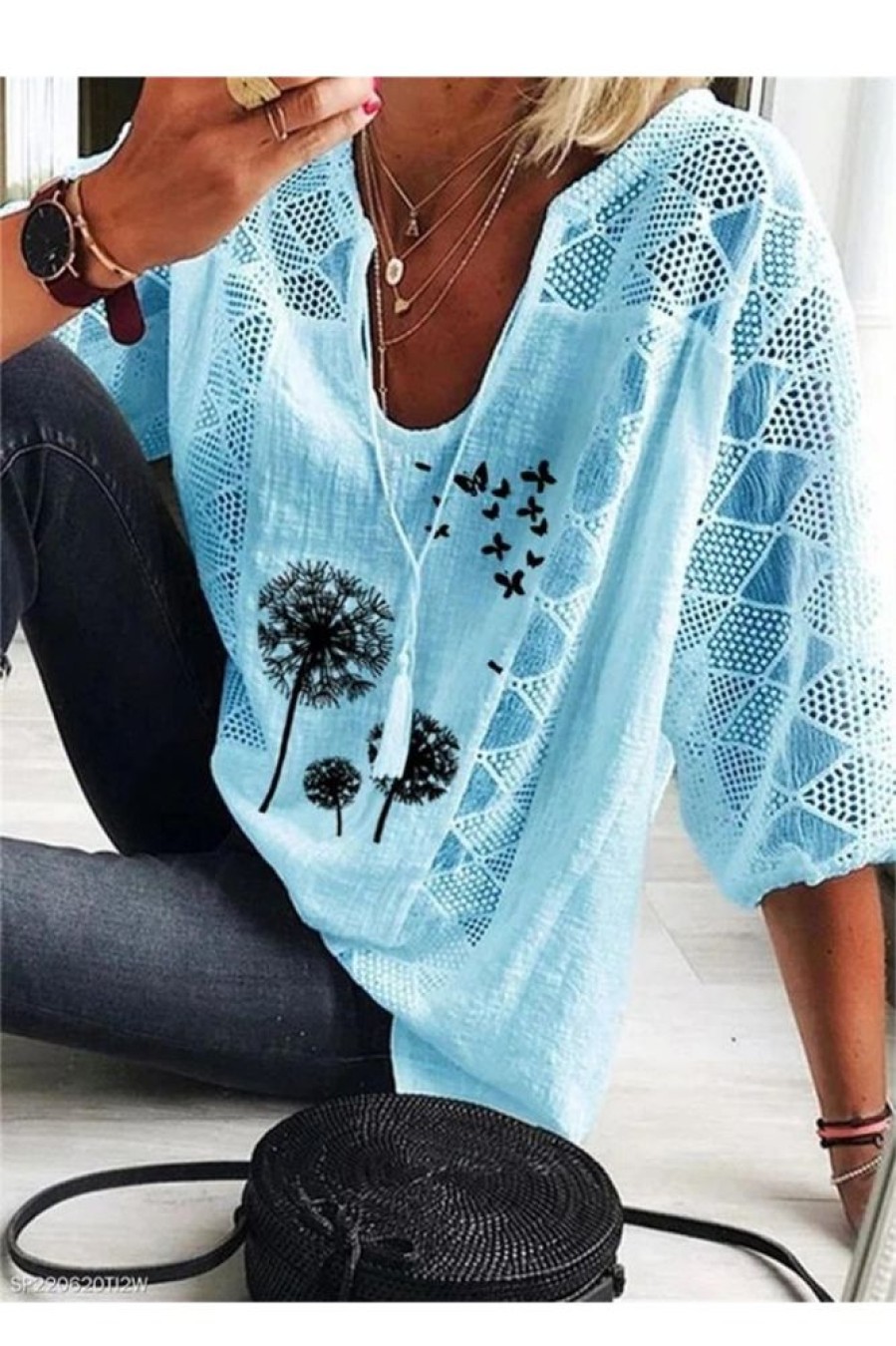 Clothing Azzlee Blouse & Shirts | Casual Graphic Tops V Neck Dandelion Printed Half Sleeve Blouse Blue