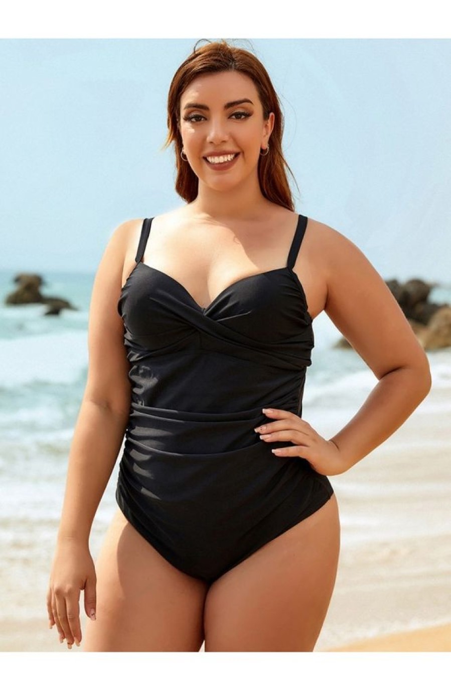 Clothing Azzlee Plus Size | Sweetheart Ruched Criss-Cross Plus Size One Piece Swimsuit Black