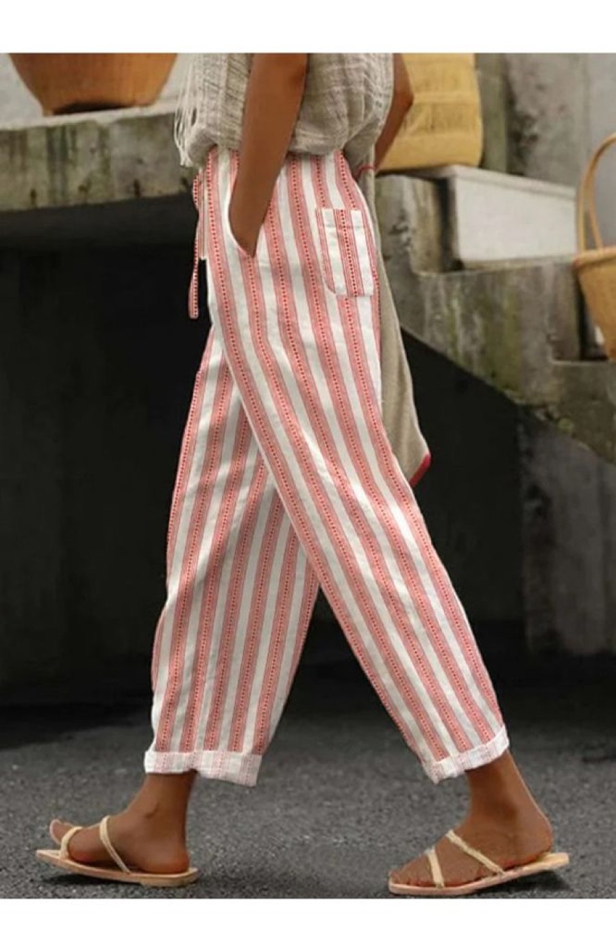 Clothing Azzlee Pants | Ethnic Stripe Lace-Up Elastic Waist Loose Casual Pants Red