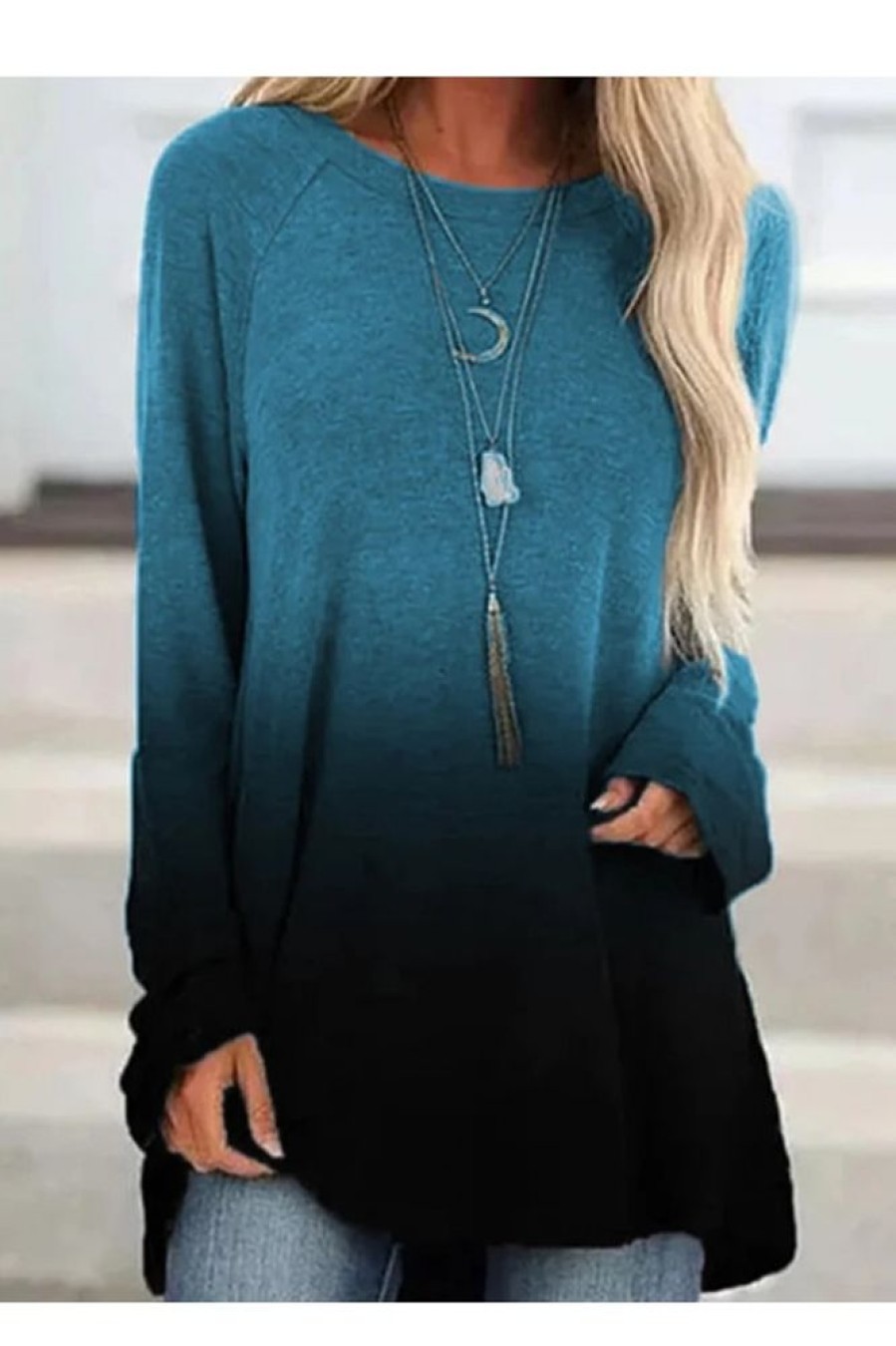 Clothing Azzlee Sweatshirt & Hoodies | Casual Round Neck Ombre Long Sleeve Sweatshirts Blue