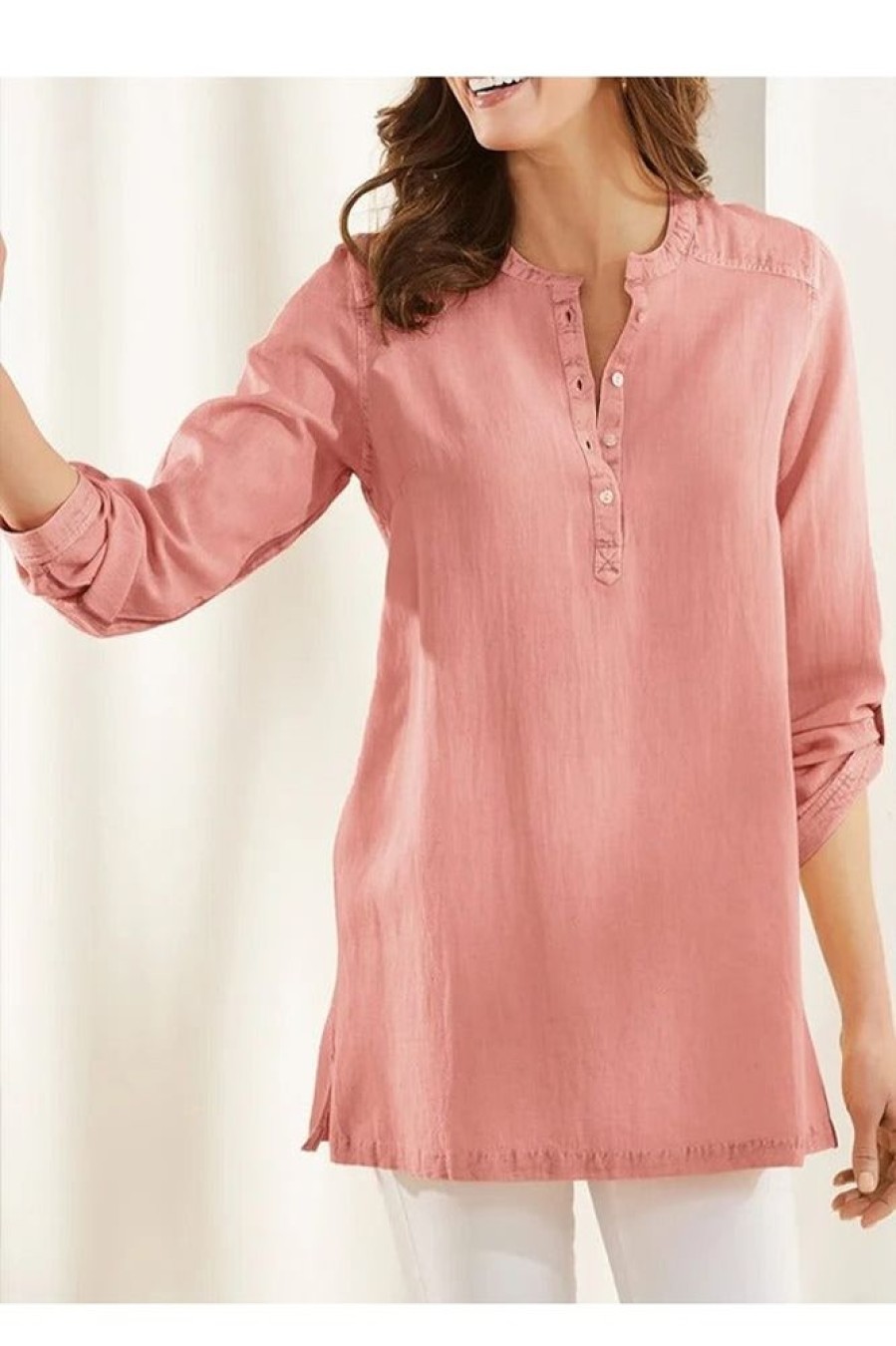 Clothing Azzlee Blouse & Shirts | Casual Stand Collar Long Sleeve Solid With Buttons Blouse Pink