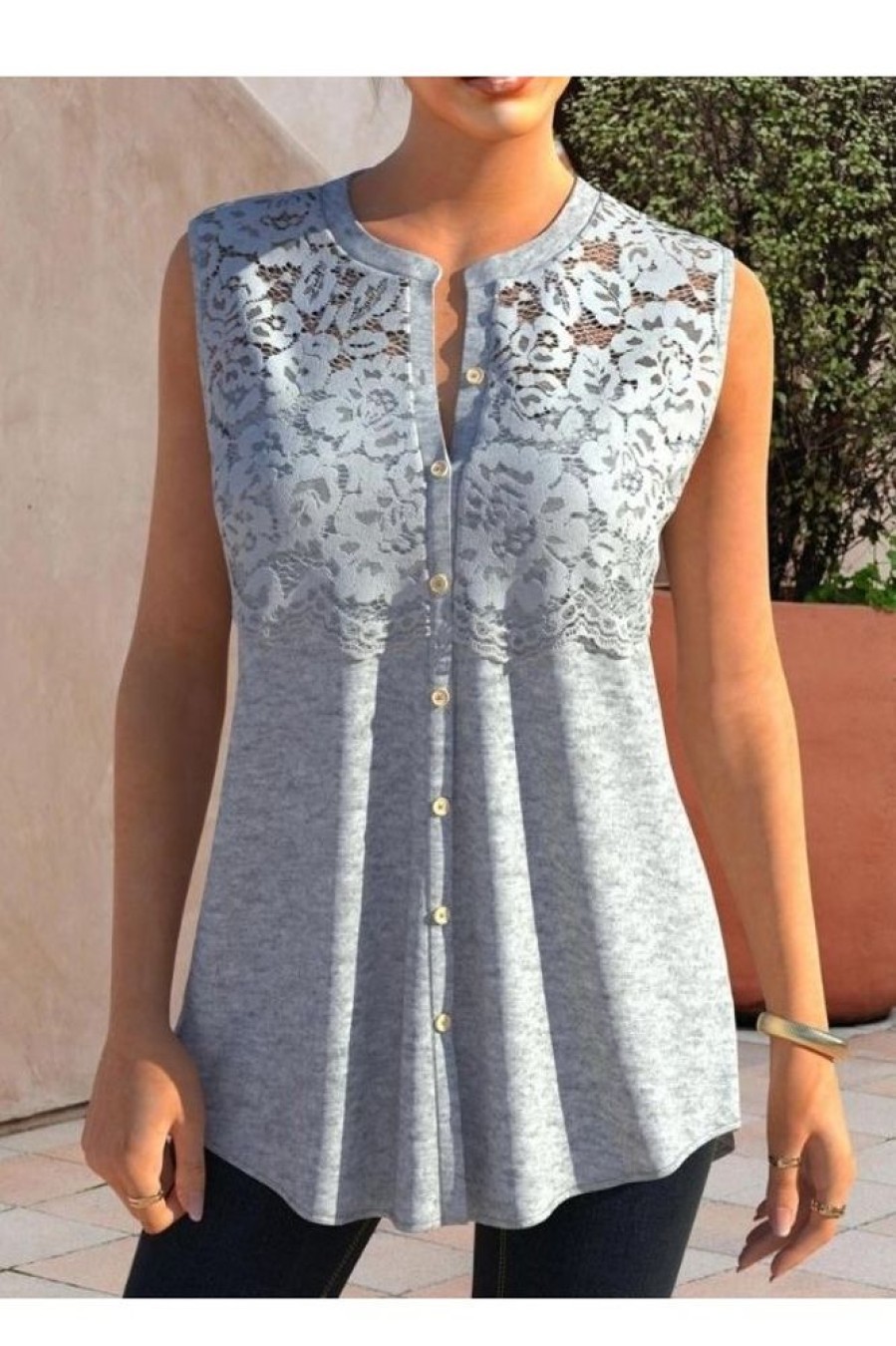 Clothing Azzlee Tanks | Grey Lace Stitching Button Tank Top Gray