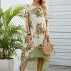 Clothing Azzlee Maxi Dresses | Round Neck Floral Print Casual Short Sleeve High Low Maxi Dress Green