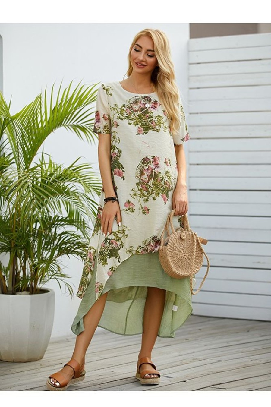 Clothing Azzlee Maxi Dresses | Round Neck Floral Print Casual Short Sleeve High Low Maxi Dress Green