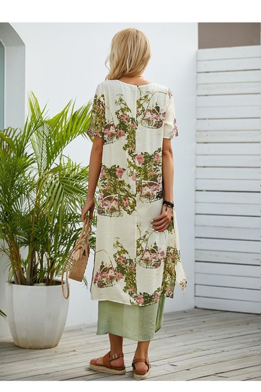 Clothing Azzlee Maxi Dresses | Round Neck Floral Print Casual Short Sleeve High Low Maxi Dress Green