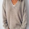 Clothing Azzlee Sweater & Cardigans | Casual V Neck Solid Long Sleeve Sweater Apricot