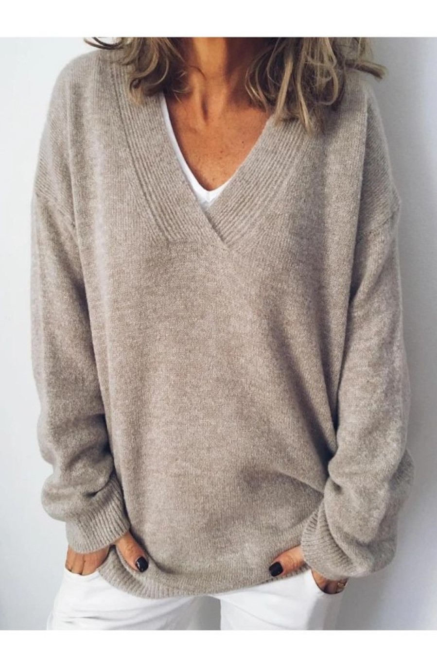 Clothing Azzlee Sweater & Cardigans | Casual V Neck Solid Long Sleeve Sweater Apricot