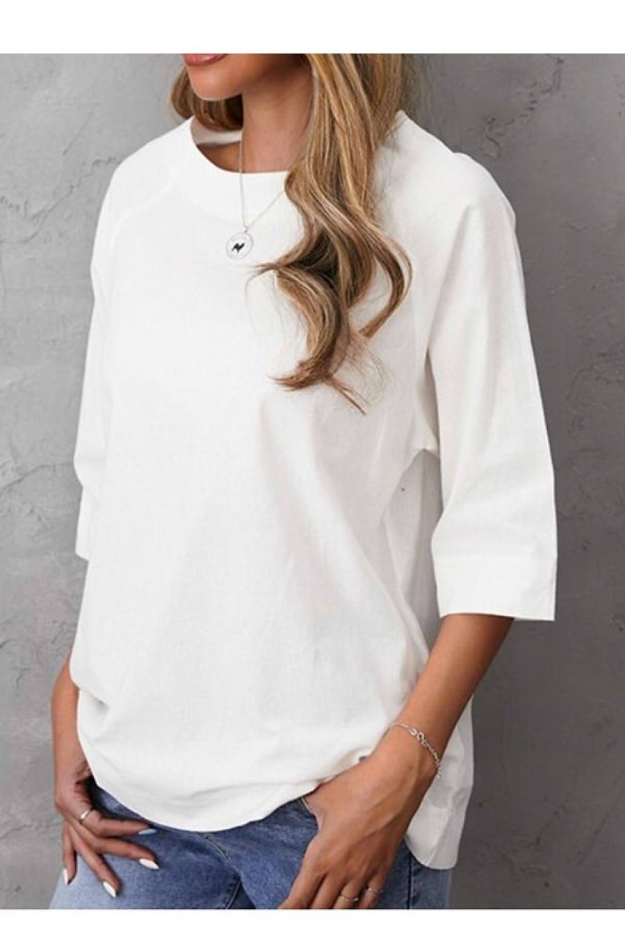 Clothing Azzlee Blouse & Shirts | Women'S Rayon Solid Color Casual Round Neck Half Sleeve Blouse White