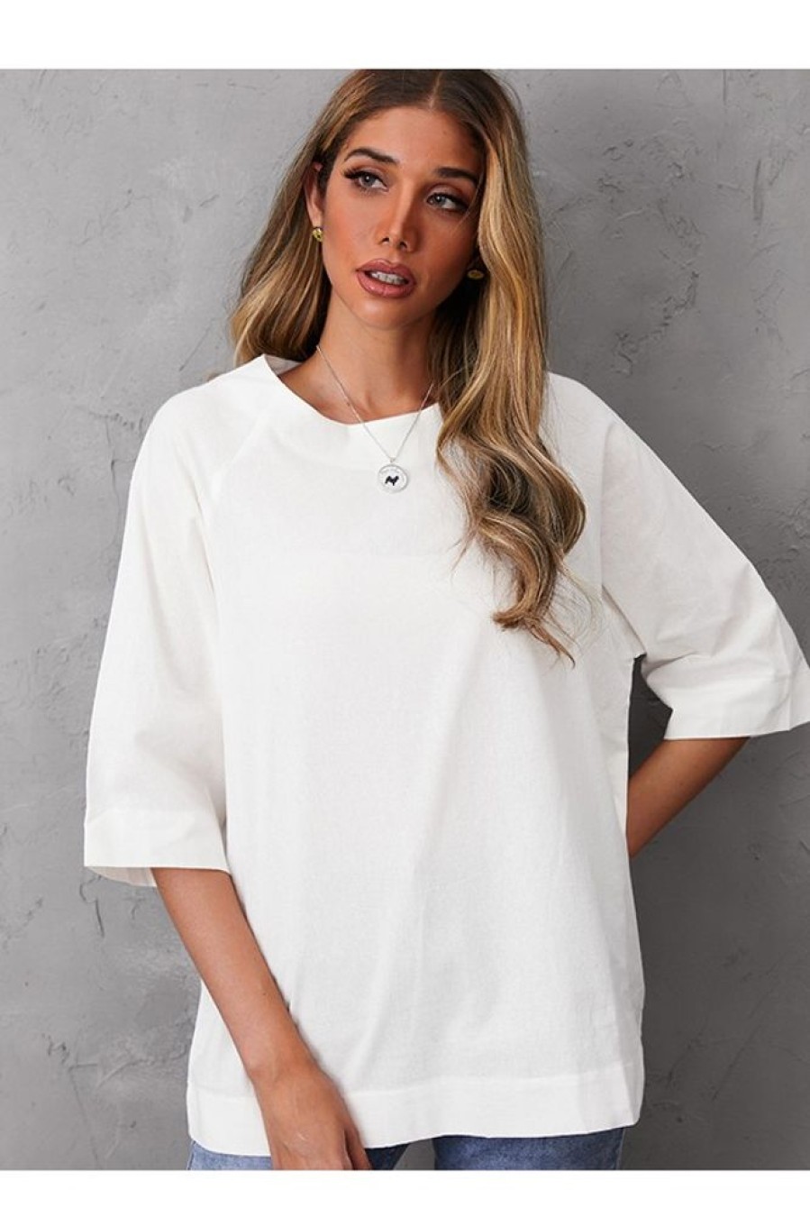 Clothing Azzlee Blouse & Shirts | Women'S Rayon Solid Color Casual Round Neck Half Sleeve Blouse White