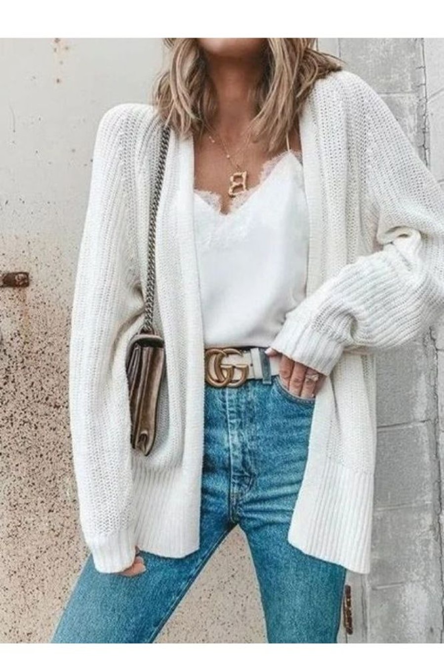 Clothing Azzlee Sweater & Cardigans | Casual Lapel Solid Long Sleeve Sweater White